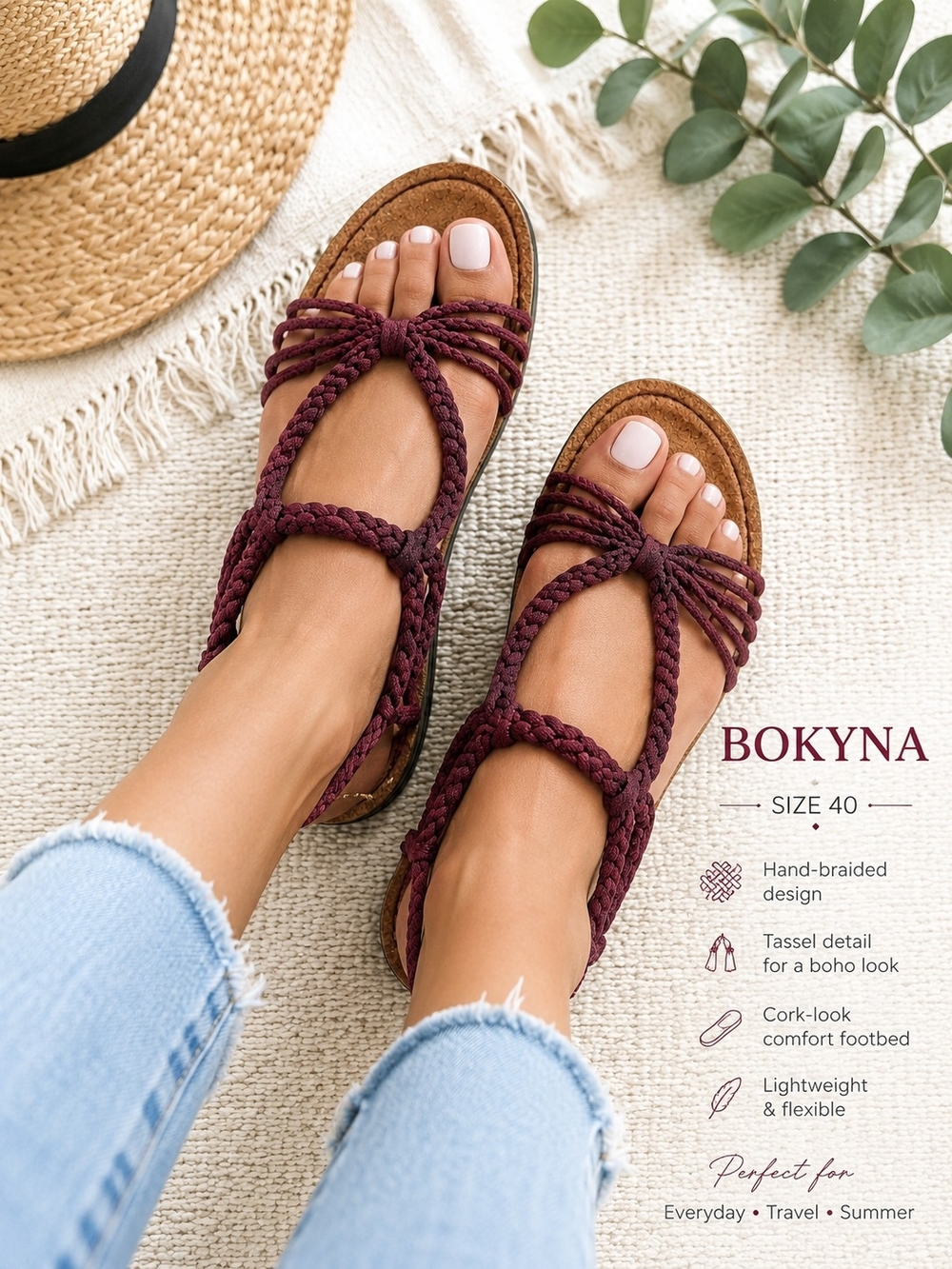 Bokyna Braided Tassel Sand Sandals in Burgundy In Size 40 (Size 9-9.5)